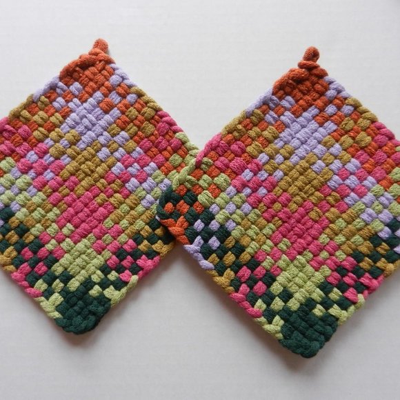 Set of 2 Handmade Artisan Cotton Woven Loomed Potholders Hot Pads Trivets - Picture 5 of 5